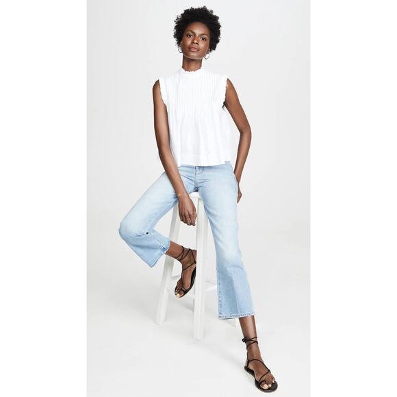 Ganni White Pintucked Ruffle Mock Neck Back Button Up Babydoll Blouse Top Size 8 - Picture 8 of 15